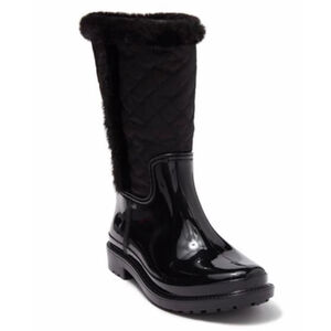 Women's Tommy Hilfiger Black Quilted Rain Boots with Faux Fur Trim
